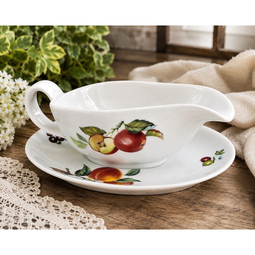 Cordom Bleu Fruit Gravy Boat Underplate Set Apples Cherries Country Cottage